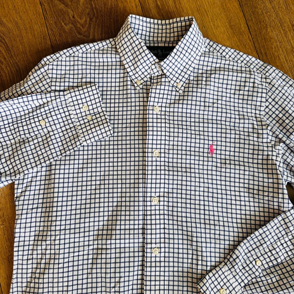 Ralph Lauren Mens Custom Fit Button Down‎ Shirt 15 32/33 Navy White Check Cotton